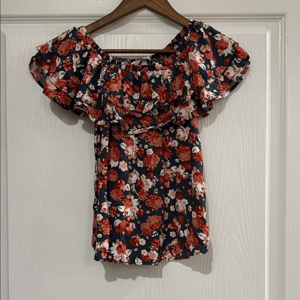 Floral Off-Shoulder Top - Rust and Blue